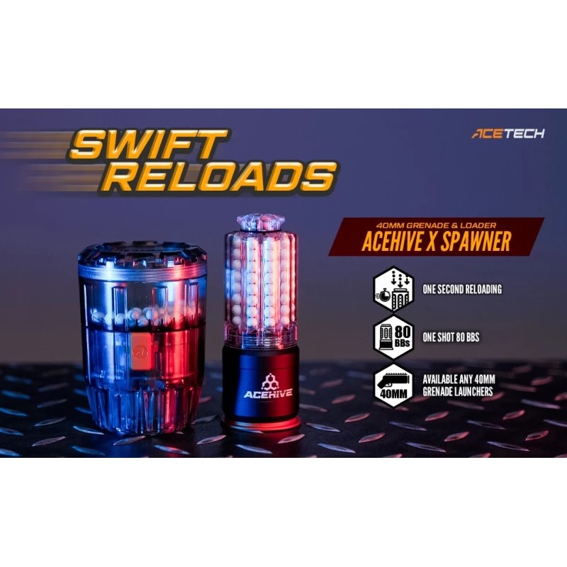 ACETECH ACEHIVE 40MM GAS GRENADES, 80 BBS (2 PCS) AND SPAWNER LOADER - TRANSPARENT