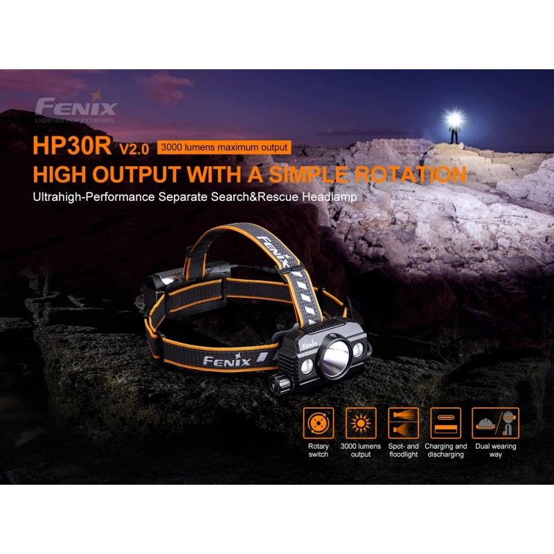 FENIX HP30R V2.0 ULTRA HIGH PERFORMANCE - SEARCH&RESCUE HEADLAMP - 3000 LUMENS - BLACK